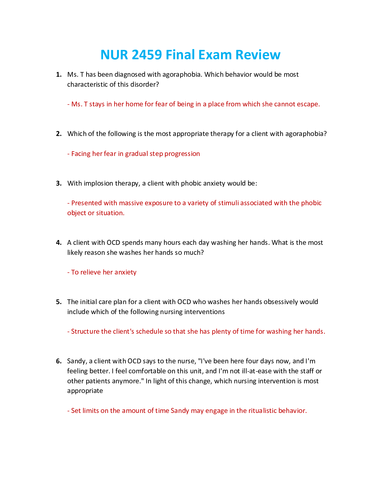 Preview image for NUR 2459 / NUR2459 Final Exam: Mental and Behavioral Health Nursing Final Exam Review (Latest 2021/2022) Rasmussen